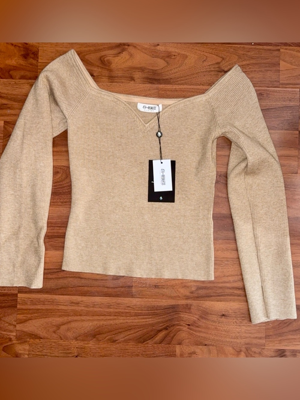 4Th And Reckless Ribbed Off-Shoulder Sweater in Beige
